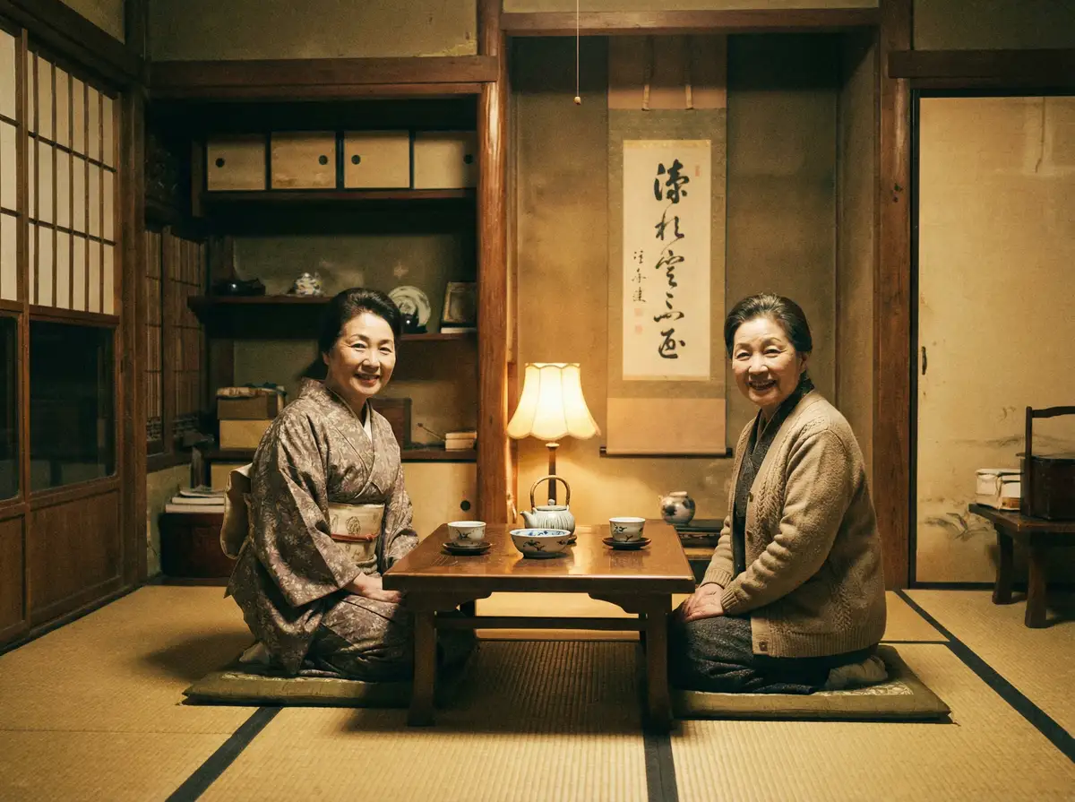 两位优雅的 困困狗 在日式茶室中品茶交谈